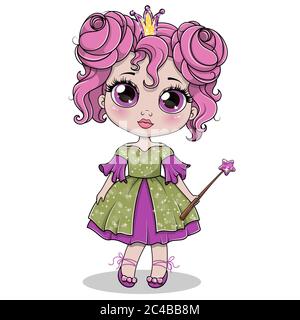 Pretty fairy in glittering dress and crown with magic wand. Greeting card. Vector illustration. Stock Vector