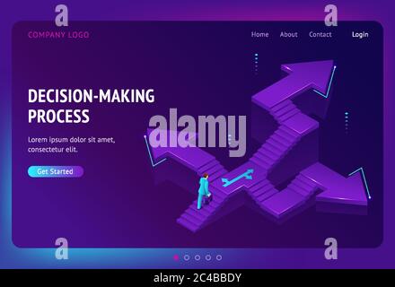 Decision making process banner. Concept of choose right way in business, job or life. Vector landing page with isometric illustration of man on stairs with different directions Stock Vector