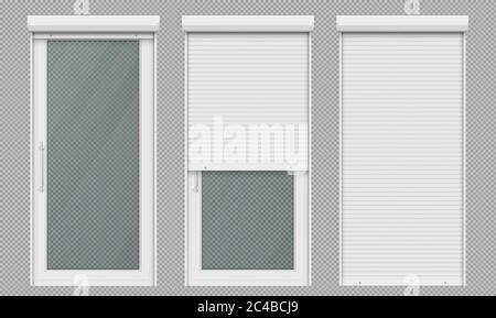 Glass door with rolling shutter isolated on transparent background. Vector realistic set of closed and open roller up for door or window, white metal blind for office or store entrance Stock Vector