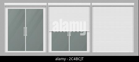 Window with roller shutter up and close. Plastic pvc double casement blinds. Opened and shut front view. Home facade design elements isolated on transparent background realistic 3d vector illustration Stock Vector