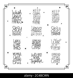 lettering set design of Happiness positivity and covid 19 virus theme Vector illustration Stock Vector