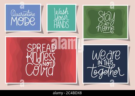 lettering frames set design of Happiness positivity and covid 19 virus theme Vector illustration Stock Vector