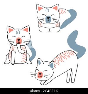 Cute cat at line art set with blue and rose colors Stock Vector
