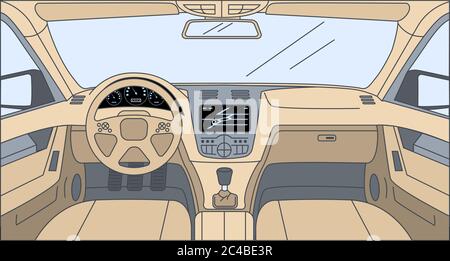 Design inside the car vector cartoon outline illustration. Driver view with navigator, rudder, dashboard, and navigation front panel. Interior of automobile, vehicle background. Stock Vector