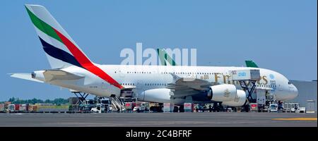 Emirates logo on Airbus A380 double deck wide body four engine jet airplane airport apron stand ground crew in attendance Rome Fiumicino Airport Italy Stock Photo