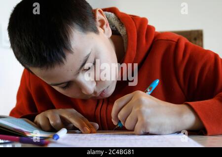 14-year-old schoolboy doing homework in montrouge, france Stock Photo