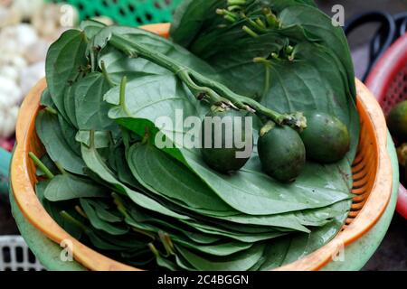 Betel leaves and areca nut for sale at market Stock Photo