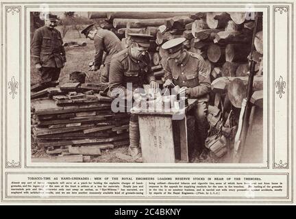 ROYAL ENGINEERS making improvised grenades using old tobacco tins during WW1 Stock Photo