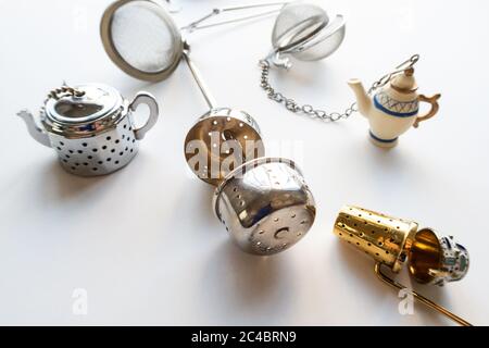 Various types of tea infusers, USA Stock Photo