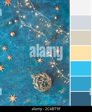Color matching palette from top view image of Christmas or New Year flat lay background on dark grunge textured board. Top view, flat lay with Xmas li Stock Photo