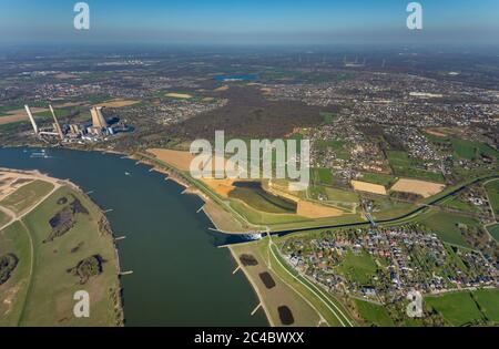 mouth of river Emscher in river Rhine, power station Voerde in background, 01.04.2019, aerial view, Germany, North Rhine-Westphalia, Ruhr Area, Dinslaken Stock Photo