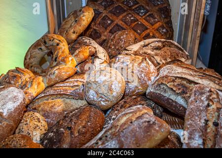 A wide selection of typical German breads on the Rheingau Gourmet Festival in Hattenheim, Eltville am Rhein, Germany Stock Photo