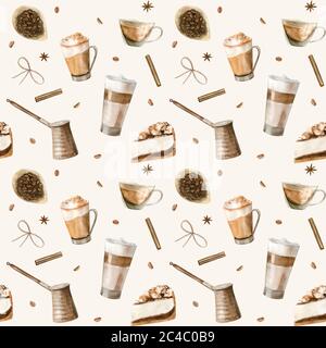 Watercolor seamless pattern with illustrations of coffee cup, coffee beans, coffee grinder, cappuccino, latte and desserts. Stock Photo