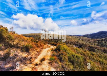 Walls walking track in Australian Blue mountains on a sunny day leading towards sandstone caves. Stock Photo