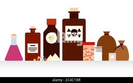 Collection of different medicaments poison flat vector icons. Stock Vector