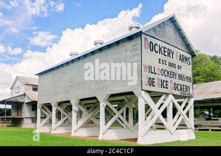 A cotton gin stands on the grounds of Dockery Farms, Aug. 12, 2016, in Cleveland, Mississippi. Dockery Farms was a 25,600-acre cotton plantation. Stock Photo