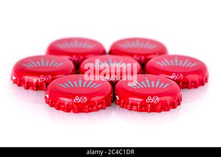 Kamchatka, Russia - 19 May 2018: Red beer caps Bud. From Anheuser-Busch InBev, Budweiser and Bud Light are top selling domestic beers in the United St Stock Photo