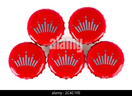 Kamchatka, Russia - 19 May 2018: Red beer caps Bud. From Anheuser-Busch InBev, Budweiser and Bud Light are top selling domestic beers in the United St Stock Photo