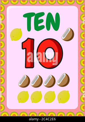 Preschool toddler math with coconut and lemon design Stock Vector