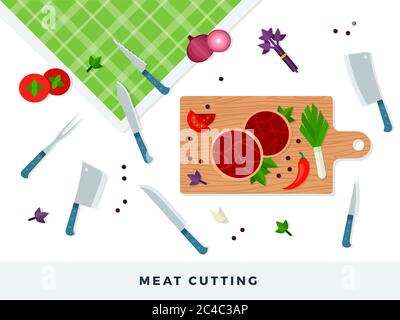 Meat cutting vector illustration in flat design. Concept cooking meat. Stock Vector