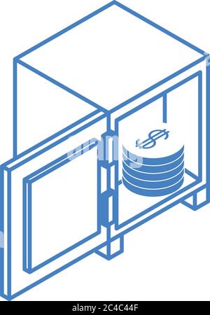 isometric money cash currency open safe box coins earning isolated on white background vector illustration linear blue icon Stock Vector