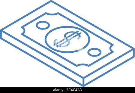 isometric money paper bank note cash currency isolated on white background vector illustration linear blue icon Stock Vector