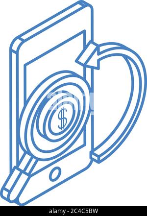 isometric money cash currency smartphone coin magnifier exchange isolated on white background vector illustration linear blue icon Stock Vector