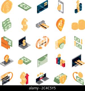 isometric money cash currency business coins banknotes isolated on white background vector illustration flat icons set Stock Vector
