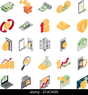 isometric money cash currency business coins banknotes isolated on white background vector illustration flat icons set Stock Vector