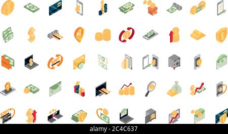 isometric money cash currency business coins banknotes isolated on white background vector illustration flat icons set Stock Vector