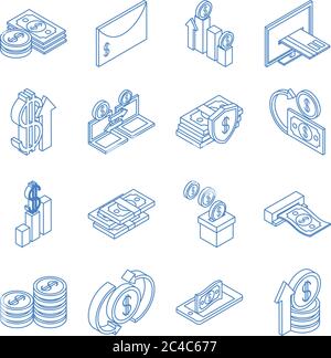 isometric money cash currency business coins banknotes isolated on white background vector illustration linear blue icons set Stock Vector