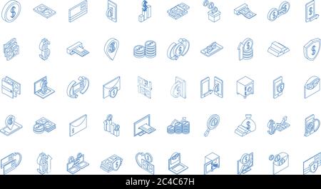 isometric money cash currency business coins banknotes isolated on white background vector illustration linear blue icons set Stock Vector