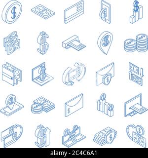 isometric money cash currency business coins banknotes isolated on white background vector illustration linear blue icons set Stock Vector