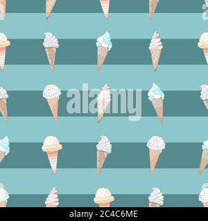 Vector seamless pattern. Ice cream cone in simple flat style with outline Stock Vector