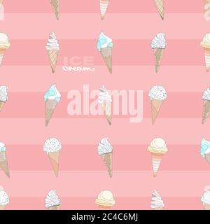 Vector seamless pattern. Ice cream cone in simple flat style with outline Stock Vector