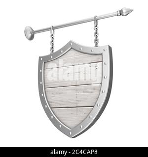 Shield Shaped Rusty Wooden Signboard with Chains on a white background 3d Rendering Stock Photo