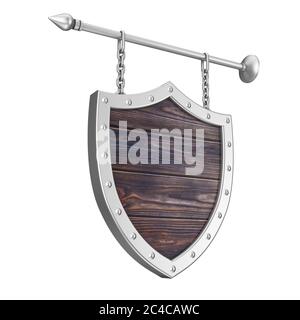 Shield Shaped Rusty Wooden Signboard with Chains on a white background 3d Rendering Stock Photo