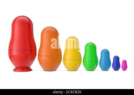 Row of Colorful Russian Wooden Blank Matryoshka Nesting Dolls Mockups on a white background. 3d Rendering Stock Photo