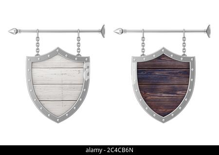 Shield Shaped Rusty Wooden Signboard with Chains on a white background 3d Rendering Stock Photo