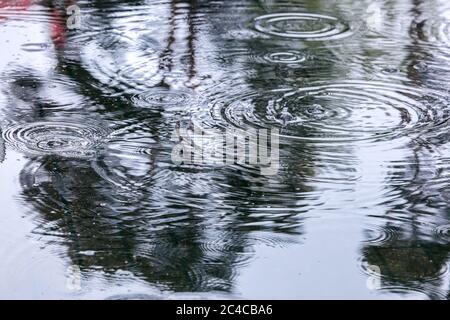 circles and raindrops in a puddle with bubbles on the water. rippled water background Stock Photo