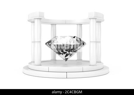 Large Clear Diamond in the Centre of White Antique Podium with Columns in Clay Style on a white background. 3d Rendering Stock Photo