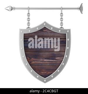 Shield Shaped Rusty Wooden Signboard with Chains on a white background 3d Rendering Stock Photo