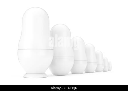 Row of Russian Blank White Matryoshka Nesting Dolls Mockups in Clay Style on a white background. 3d Rendering Stock Photo