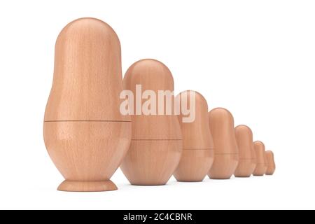 Row of Russian Wooden Blank Matryoshka Nesting Dolls Mockups on a white background. 3d Rendering Stock Photo