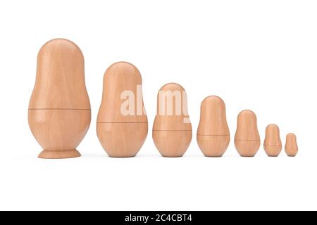 Row of Russian Wooden Blank Matryoshka Nesting Dolls Mockups on a white background. 3d Rendering Stock Photo