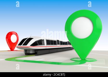 Train Travel Concept. Super High Speed Futuristic Commuter Train from above of Abstract Navigation Map with Target Map Pointers extreme closeup. 3d Re Stock Photo