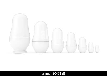 Row of Russian Blank White Matryoshka Nesting Dolls Mockups in Clay Style on a white background. 3d Rendering Stock Photo