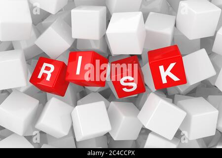 Red Risk Cubes in Heap of White Blank Cubes extreme closeup. 3d Rendering Stock Photo