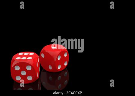 Casino Gambling Concept. Red Game Dice Cubes in Flight on a black background. 3d Rendering Stock Photo