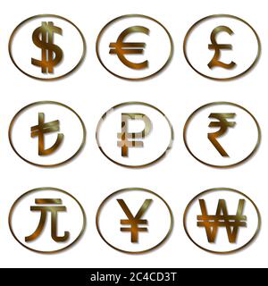 Set of most used currency symbols. Stock Vector